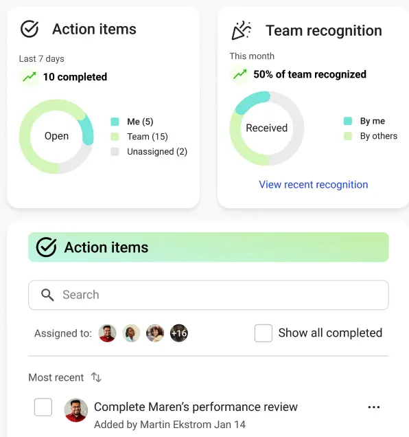 Action Items and Team Recognition Dashboard