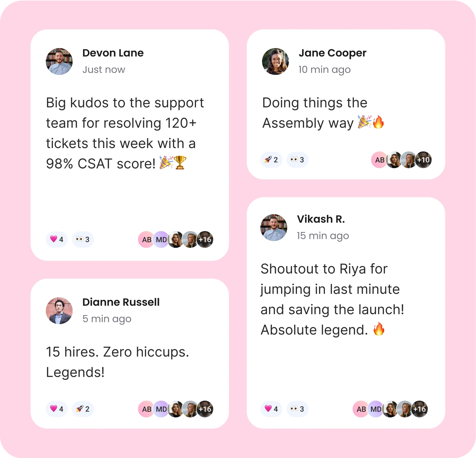Live company feed showing recognition posts from Devon Lane, Jane Cooper, Dianne Russell, and Vikash R. with kudos, achievements, and team celebrations